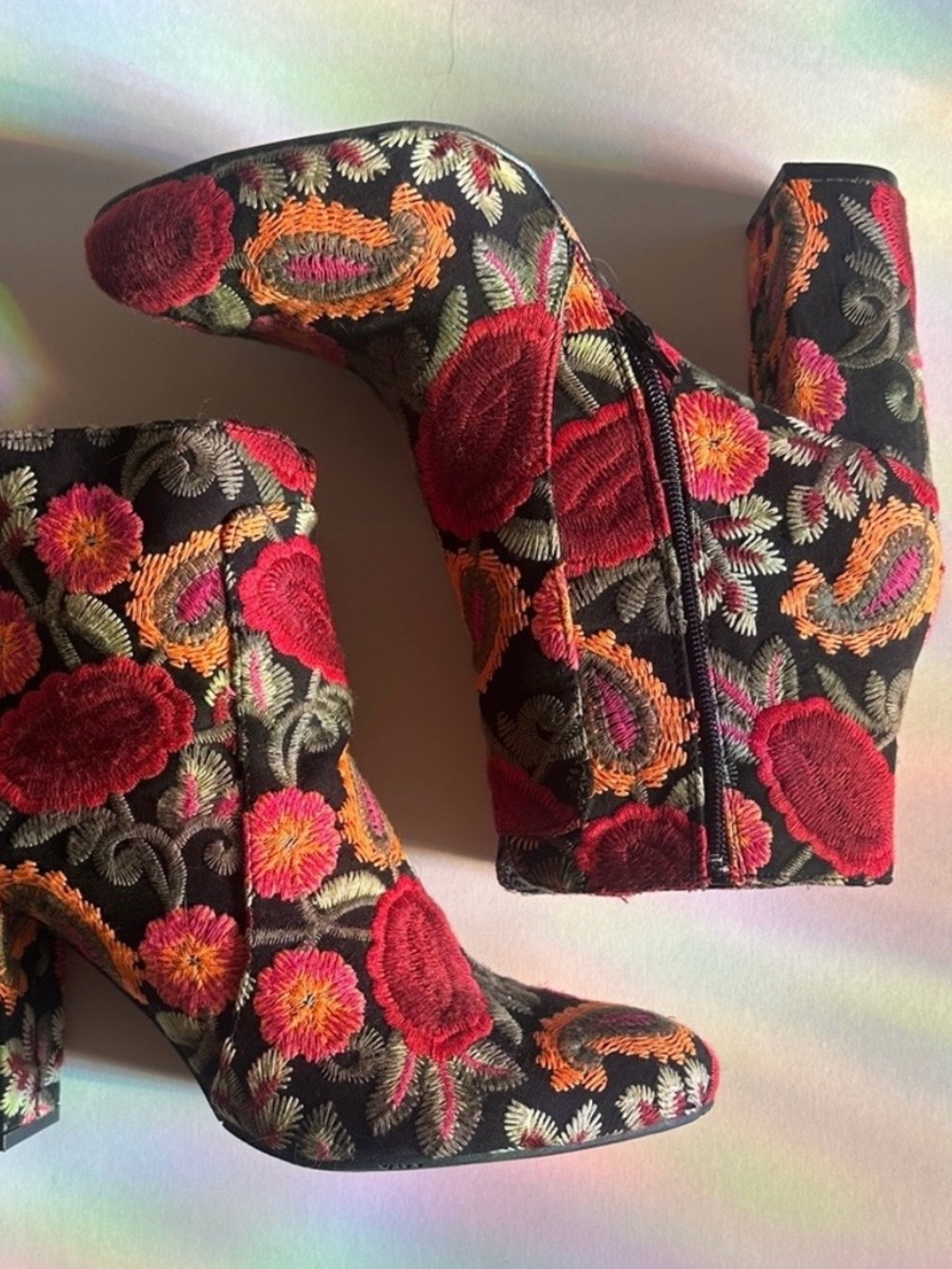 MIA Black Ankle Boots with Red & Orange Floral Embroidery